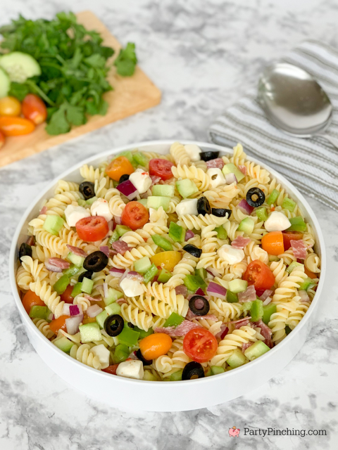 absolute best pasta salad, quick and easy pasta salad, best pasta summer salad, 20 minute pasta salad, suddenly salad, cucumber bell pepper rotini olive red onion tomato fresh mozzarella gluten free Italian dressing genoa salami gluten free pasta salad, picnic pasta salad for a crowd potluck