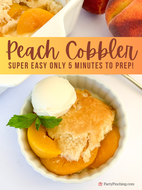 easy homemade peach cobbler, 5 minute peach cobbler, super easy peach cobbler, pantry peach cobbler, best ever peach cobbler, church potluck picnic dessert ideas, best dessert ideas, easy best dessert recipe quick easy, soft crust peach cobbler, no cake mix peach cobbler, peach cobbler from scratch recipe best easy quick simple