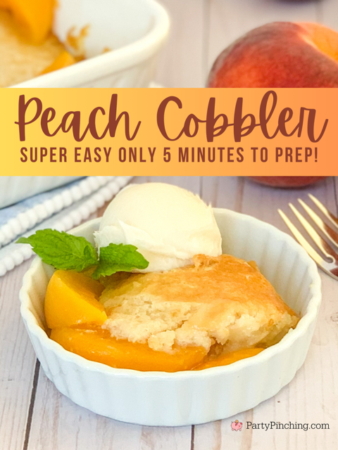 easy homemade peach cobbler, 5 minute peach cobbler, super easy peach cobbler, pantry peach cobbler, best ever peach cobbler, church potluck picnic dessert ideas, best dessert ideas, easy best dessert recipe quick easy, soft crust peach cobbler, no cake mix peach cobbler, peach cobbler from scratch recipe best easy quick simple