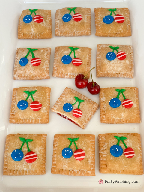 Patriotic Cherry Pies, 4th of July cherry pies, mini hand pies, no bake 4th of July mini cherry pies, no bake 4th of july dessert, red white and blue food recipe ideas for the 4th of July, easy best 4th of July recipes, Drakes mini Cherry pies, Drake's Cakes mini pies