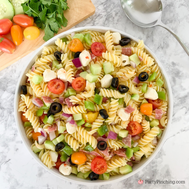 absolute best pasta salad, quick and easy pasta salad, best pasta summer salad, 20 minute pasta salad, suddenly salad, cucumber bell pepper rotini olive red onion tomato fresh mozzarella gluten free Italian dressing genoa salami gluten free pasta salad, picnic pasta salad for a crowd potluck