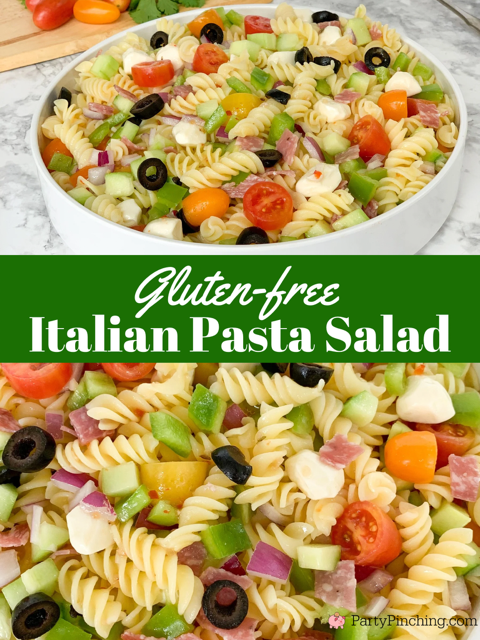 absolute best pasta salad, quick and easy pasta salad, best pasta summer salad, 20 minute pasta salad, suddenly salad, cucumber bell pepper rotini olive red onion tomato fresh mozzarella gluten free Italian dressing genoa salami gluten free pasta salad, picnic pasta salad for a crowd potluck