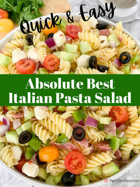 absolute best pasta salad, quick and easy pasta salad, best pasta summer salad, 20 minute pasta salad, suddenly salad, cucumber bell pepper rotini olive red onion tomato fresh mozzarella gluten free Italian dressing genoa salami gluten free pasta salad, picnic pasta salad for a crowd potluck