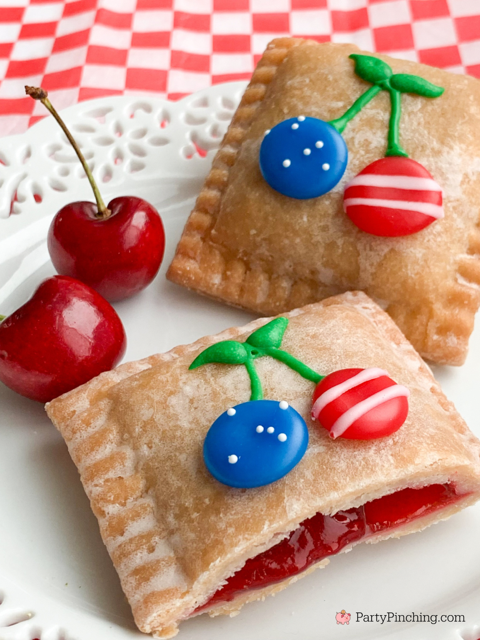 Patriotic Cherry Pies, 4th of July cherry pies, mini hand pies, no bake 4th of July mini cherry pies, no bake 4th of july dessert, red white and blue food recipe ideas for the 4th of July, easy best 4th of July recipes, Drakes mini Cherry pies, Drake's Cakes mini pies