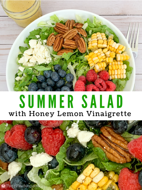 summer salad, light refreshing best easy summer salad, fruit feta cheese berries fresh corn pecans, honey lemon vinaigrette homemade dressing