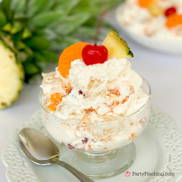 super easy best ambrosia salad, best retro vintage recipes, fruit salad with Cool Whip, best potluck salad ideas, holiday salad Christmas Thanksgiving Easter, vintage ambrosia salad, mom's grandma's ambrosia salad