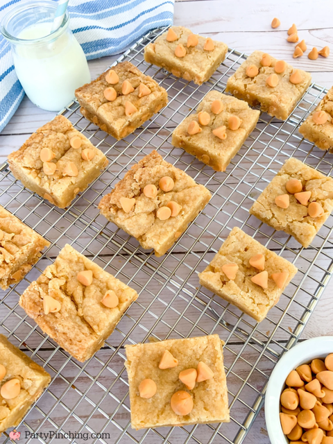 cake mix butterscotch blondies, super easy butterscotch blondies, butterscotch pan cookies, best easy butterscotch blondie recipe, best recipes for potlucks picnics holidays family parties church work parties, butterscotch bars,