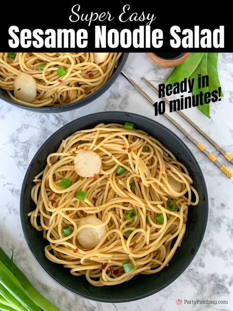 Super Easy Sesame Noodle Salad, easy asian noodle salad, spicy asian noodle salad, 15 minute salad asian noodle, asian seasame waterchestnut red pepper flake salad, easy best summer salad recipe easy best Asian noodle salad