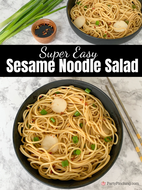 Super Easy Sesame Noodle Salad, easy asian noodle salad, spicy asian noodle salad, 15 minute salad asian noodle, asian seasame waterchestnut red pepper flake salad, easy best summer salad recipe easy best Asian noodle salad