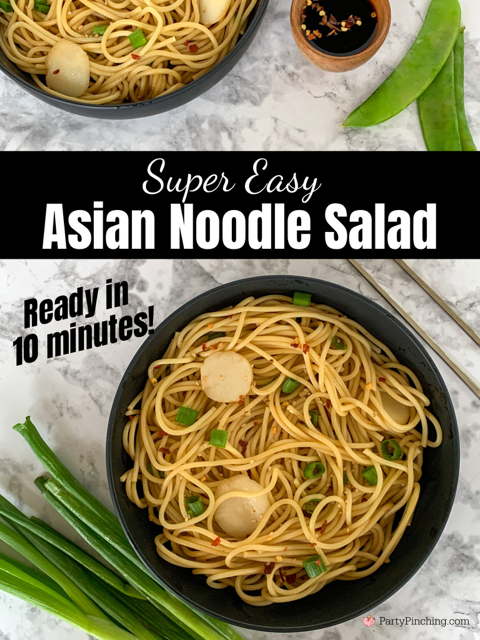 Super Easy Sesame Noodle Salad, easy asian noodle salad, spicy asian noodle salad, 15 minute salad asian noodle, asian seasame waterchestnut red pepper flake salad, easy best summer salad recipe easy best Asian noodle salad