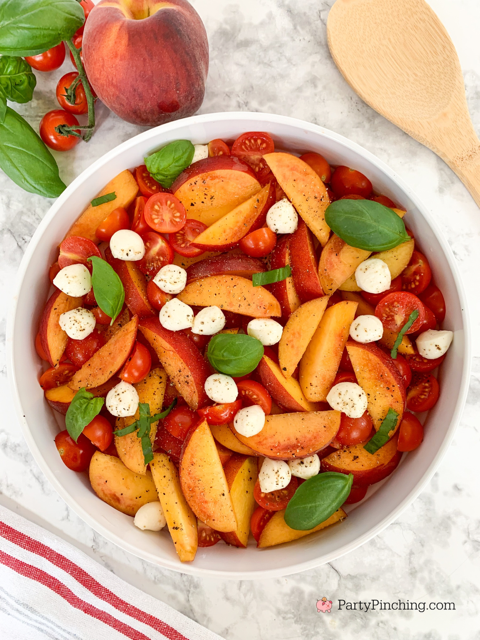 the best peach caprese summer salad, fresh peach salad, summer caprese salad, peach salad, easy best summer salad recipes, fast easy salad, fresh peaches cherry tomatos fresh basil mozzerella pearls summer salad, best picnic potluck salad ideas for a crowd, 