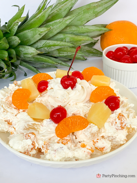 super easy best ambrosia salad, best retro vintage recipes, fruit salad with Cool Whip, best potluck salad ideas, holiday salad Christmas Thanksgiving Easter, vintage ambrosia salad, mom's grandma's ambrosia salad