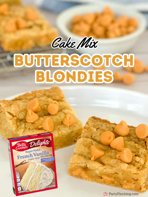 cake mix butterscotch blondies, super easy butterscotch blondies, butterscotch pan cookies, best easy butterscotch blondie recipe, best recipes for potlucks picnics holidays family parties church work parties, butterscotch bars,