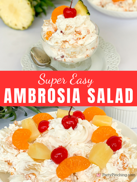 super easy best ambrosia salad, best retro vintage recipes, fruit salad with Cool Whip, best potluck salad ideas, holiday salad Christmas Thanksgiving Easter, vintage ambrosia salad, mom's grandma's ambrosia salad