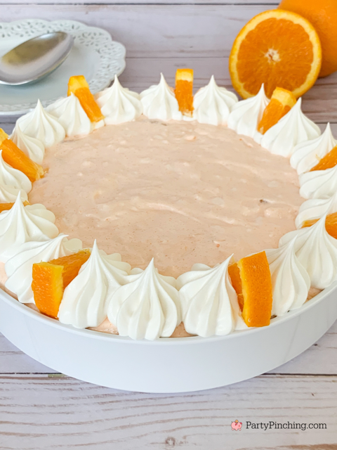 cottage cheese jello salad, easy 5 minute jello salad, orange fluff salad, 4 ingredient salad, creamsicle salad, easiest salad for summer, orange fluff dessert, cottage cheese dessert, vintage dessert salad recipe ideas, easy best potluck dessert salad side dishes