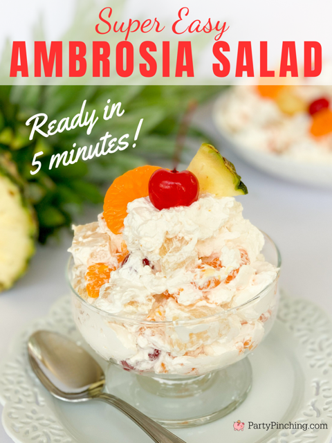 super easy best ambrosia salad, best retro vintage recipes, fruit salad with Cool Whip, best potluck salad ideas, holiday salad Christmas Thanksgiving Easter, vintage ambrosia salad, mom's grandma's ambrosia salad