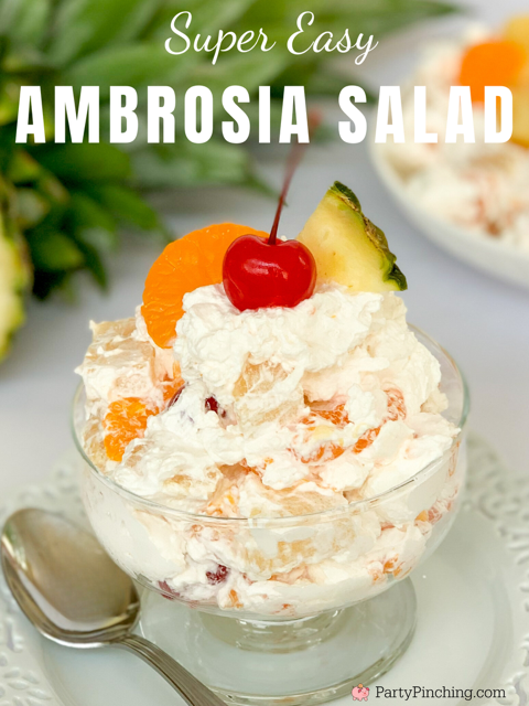 super easy best ambrosia salad, best retro vintage recipes, fruit salad with Cool Whip, best potluck salad ideas, holiday salad Christmas Thanksgiving Easter, vintage ambrosia salad, mom's grandma's ambrosia salad