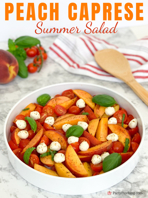 the best peach caprese summer salad, fresh peach salad, summer caprese salad, peach salad, easy best summer salad recipes, fast easy salad, fresh peaches cherry tomatos fresh basil mozzerella pearls summer salad, best picnic potluck salad ideas for a crowd, 