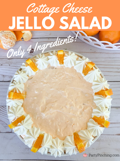 cottage cheese jello salad, easy 5 minute jello salad, orange fluff salad, 4 ingredient salad, creamsicle salad, easiest salad for summer, orange fluff dessert, cottage cheese dessert, vintage dessert salad recipe ideas, easy best potluck dessert salad side dishes