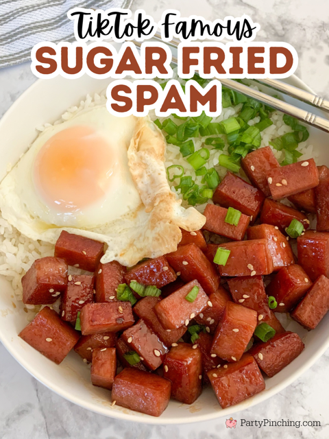 tiktok famous sugar fried spam, easy best brown sugar granulated white sugar fried spam, easy best dorm room meal cooking ideas for college students, easy simple budget friendly meals, family friendly meals in 15 minutes, spam and eggs, spam and rice musabi spam recipe