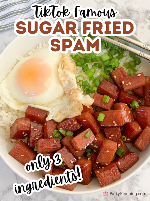 tiktok famous sugar fried spam, easy best brown sugar granulated white sugar fried spam, easy best dorm room meal cooking ideas for college students, easy simple budget friendly meals, family friendly meals in 15 minutes, spam and eggs, spam and rice musabi spam recipe