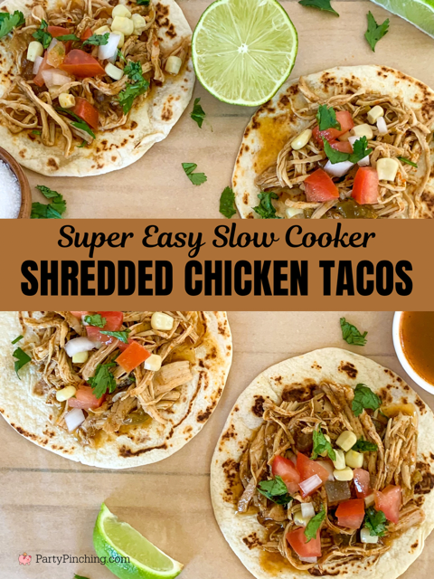 super easy slow cooker shredded chicken tacos, best easy dump and go meal dinner ideas, crockpot chicken tacos, street tacos in the crock  pot slow cooker, affordable budget friendly family meal dinner ideas recipes