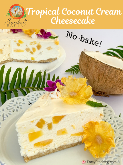 tropical coconut cream cheesecake, coconut pineapple cheesecake no bake, best pineapple coconut cheesecake recipe, easy and fast no bake tropical Hawaiian cheesecake recipe, cool whip pineapple coconut extract cheesecake recipe with baked dried pineapple flowers