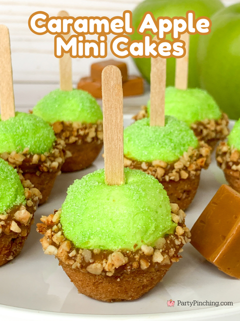 caramel apple mini coffee cakes, Drakes Cakes coffee cake mini cake bites, no bake caramel apple mini cupcakes, best caramel apple cupcake recipe, caramel dip cupcakes, best homemade apple cider frosting buttercream recipe, cute caramel apple decorated cupcakes with stick, mini nut caramel apple cupcakes