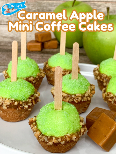 caramel apple mini coffee cakes, Drakes Cakes coffee cake mini cake bites, no bake caramel apple mini cupcakes, best caramel apple cupcake recipe, caramel dip cupcakes, best homemade apple cider frosting buttercream recipe, cute caramel apple decorated cupcakes with stick, mini nut caramel apple cupcakes