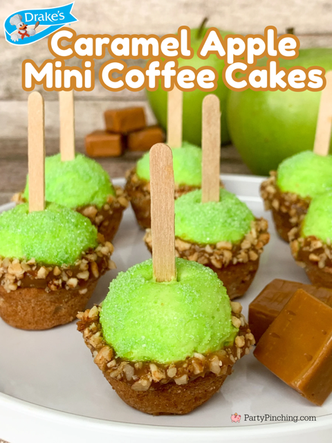 caramel apple mini coffee cakes, Drakes Cakes coffee cake mini cake bites, no bake caramel apple mini cupcakes, best caramel apple cupcake recipe, caramel dip cupcakes, best homemade apple cider frosting buttercream recipe, cute caramel apple decorated cupcakes with stick, mini nut caramel apple cupcakes