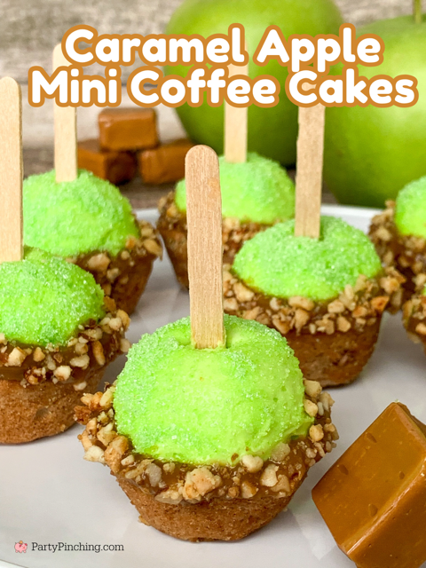 caramel apple mini coffee cakes, Drakes Cakes coffee cake mini cake bites, no bake caramel apple mini cupcakes, best caramel apple cupcake recipe, caramel dip cupcakes, best homemade apple cider frosting buttercream recipe, cute caramel apple decorated cupcakes with stick, mini nut caramel apple cupcakes