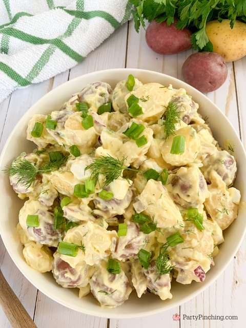 creamy dill potato salad, best easy potato salad recipe, dill pickle fresh dill potato salad, best potato salad for potlucks picnics crowds, easy potato salad recipe, make ahead potluck recipe ideas, 4th of July potato salad, easy summer salad recipes