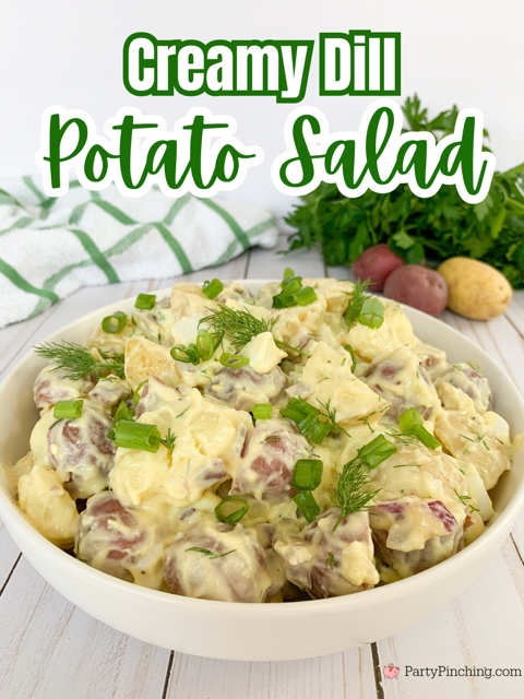 creamy dill potato salad, best easy potato salad recipe, dill pickle fresh dill potato salad, best potato salad for potlucks picnics crowds, easy potato salad recipe, make ahead potluck recipe ideas, 4th of July potato salad, easy summer salad recipes