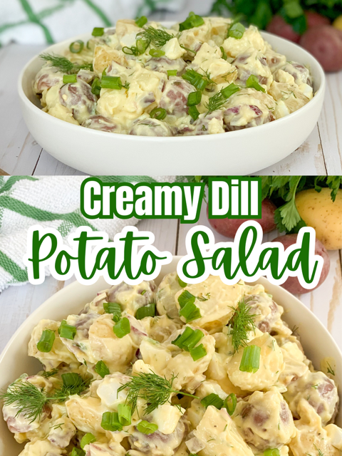 creamy dill potato salad, best easy potato salad recipe, dill pickle fresh dill potato salad, best potato salad for potlucks picnics crowds, easy potato salad recipe, make ahead potluck recipe ideas, 4th of July potato salad, easy summer salad recipes