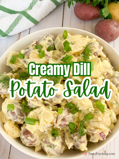 creamy dill potato salad, best easy potato salad recipe, dill pickle fresh dill potato salad, best potato salad for potlucks picnics crowds, easy potato salad recipe, make ahead potluck recipe ideas, 4th of July potato salad, easy summer salad recipes