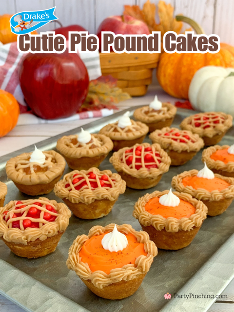 cutie pie mini cakes, Drake's mini pound cake bites, Drake's mini snack cake bites, pie decorated mini cupcakes, cute best dessert ideas for Thanksgiving, decorated mini cupcakes, pumpkin pie cupcakes, cherry pie cupcakes apple pie cupcakes, cute decorated cupcakes, holiday cupcakes