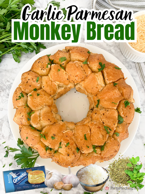 Garlic Parmesan monkey bread, easy best garlic parmesan monkey bread, super easy monkey bread, best easy pillsbury refrigerated dough biscuit recipe ideas, big game recipes, pizza monkey bread, savory monkey bread recipe ideas