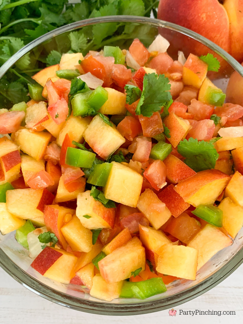 peach salsa, the best peach salsa, easy peach salsa recipe, peach peppers tomato salsa, peach pico de gallo, best homemade peach salsa dip recipe ideas, best appetizers for the big game, best snack food for football, summer salsa recipe, best picnic potluck 4th of july food