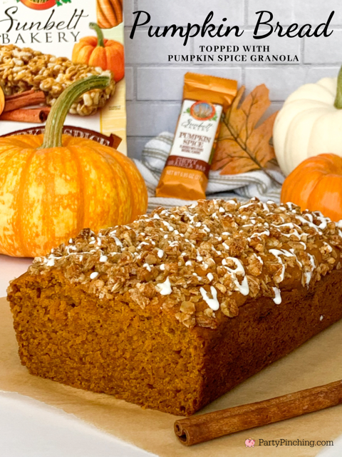 super easy pumpkin spice granola topped pumpkin bread, best easy pumpkin bread, simple pumpkin bread, sunbelt bakery pumpkin spice granola bars, easy best pumpkin bread recipe for fall, easy granola bar streusel topping recipe