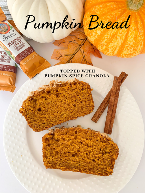 super easy pumpkin spice granola topped pumpkin bread, best easy pumpkin bread, simple pumpkin bread, sunbelt bakery pumpkin spice granola bars, easy best pumpkin bread recipe for fall, easy granola bar streusel topping recipe