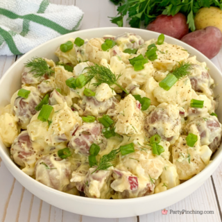 creamy dill potato salad, best easy potato salad recipe, dill pickle fresh dill potato salad, best potato salad for potlucks picnics crowds, easy potato salad recipe, make ahead potluck recipe ideas, 4th of July potato salad, easy summer salad recipes