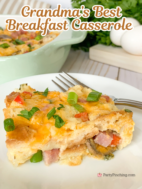 grandma's best breakfast casserole, easy overnight christmas easter casserole, christmas easter brunch casserole, best casserole brunch breakfast ham sausage cheese bell pepper mushroom green onion, best Christmas morning breakfast recipe ideas, best easy family friendly recipe ideas, easy Christmas morning recipe ideas,  best gluten free breakfast casserole recipe,