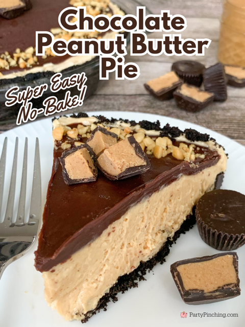 easy Chocolate Peanut Butter pie, best ever chocolate peanut butter pie, no bake chocolate peanut butter pie, super easy chocolate peanut butter pie, cool whip cream cheese chocolate peanut butter pie, peanut butter cup pie, reeses peanut butter cup pie, trader joes dark chocolate peanut butter cups pie