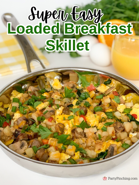 easy loaded breakfast skillet, super easy dinner ideas in less than 30 minutes, easy best 30 minutes meals, easy breakfast, easy Christmas Easter breakfast brunch ideas, fast and easy breakfast for a crowd, easy best kid budget friendly family meal recipe ideas