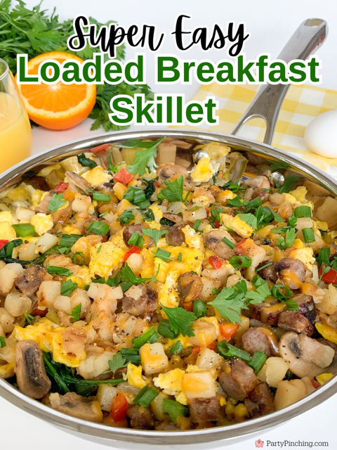 easy loaded breakfast skillet, super easy dinner ideas in less than 30 minutes, easy best 30 minutes meals, easy breakfast, easy Christmas Easter breakfast brunch ideas, fast and easy breakfast for a crowd, easy best kid budget friendly family meal recipe ideas