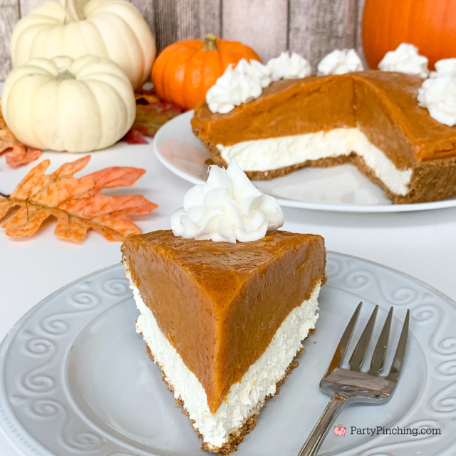 double layer pumpkin pie, best no bake pumpkin pie for Thanksgiving Christmas holidays, super easy Thanksgiving dessert recipe ideas, no fail pumpkin pie, pumpkin pie cheesecake, gluten free double layer pumpkin pie, best dessert recipe ideas for Thanksgiving