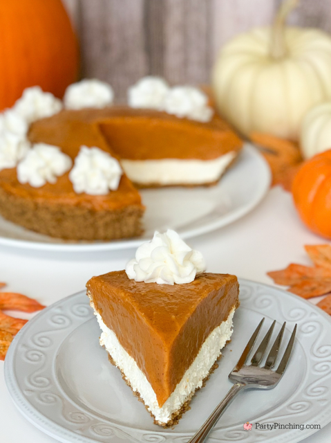 double layer pumpkin pie, best no bake pumpkin pie for Thanksgiving Christmas holidays, super easy Thanksgiving dessert recipe ideas, no fail pumpkin pie, pumpkin pie cheesecake, gluten free double layer pumpkin pie, best dessert recipe ideas for Thanksgiving