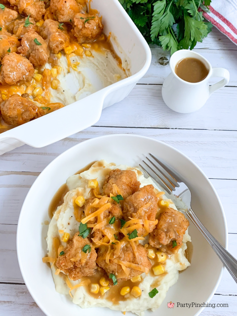 KFC bowl casserole, easy best KFC bowl casserole with copycat KFC gravy, the best KFC copycat bowl, family friendly dinner ideas, kid friendly dinner ideas, best easy dinner ideas, quick dinner ideas for kids, comfort dinner ideas quick and easy, fast food copycat recipes, best KFC gravy recipe