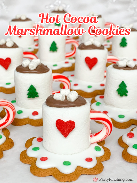 hot cocoa marshmallow cookies, easy no bake marshmallow cookies, cute christmas cookies, mini hot chocolate adorable cookies, anna's cookies, mini cocoa cookies,  fun food for kids best easy Christmas cookie recipes