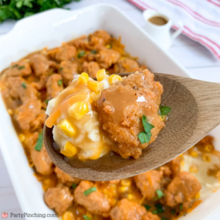 KFC bowl casserole, easy best KFC bowl casserole with copycat KFC gravy, the best KFC copycat bowl, family friendly dinner ideas, kid friendly dinner ideas, best easy dinner ideas, quick dinner ideas for kids, comfort dinner ideas quick and easy, fast food copycat recipes, best KFC gravy recipe